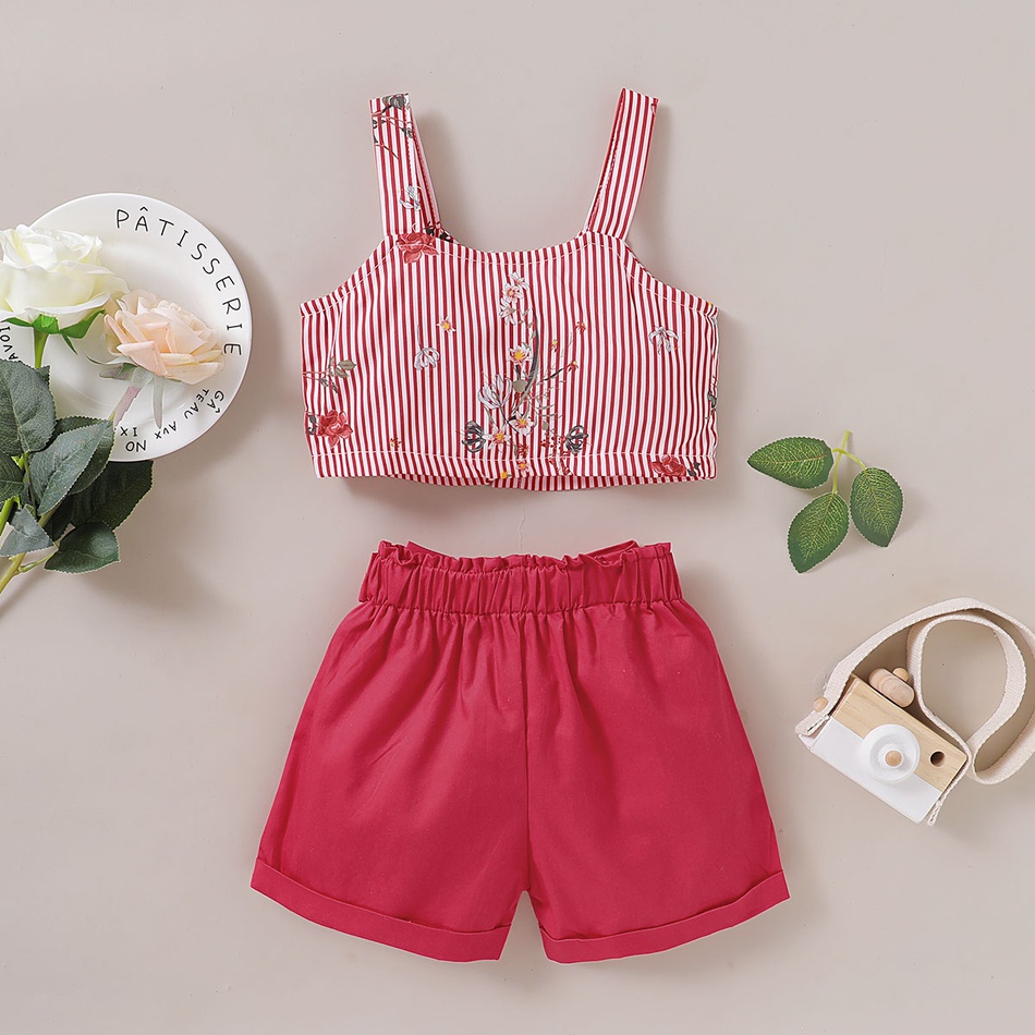 2-piece Baby / Toddler Girl Pretty Floral Decor Striped Top and Solid Shorts Set